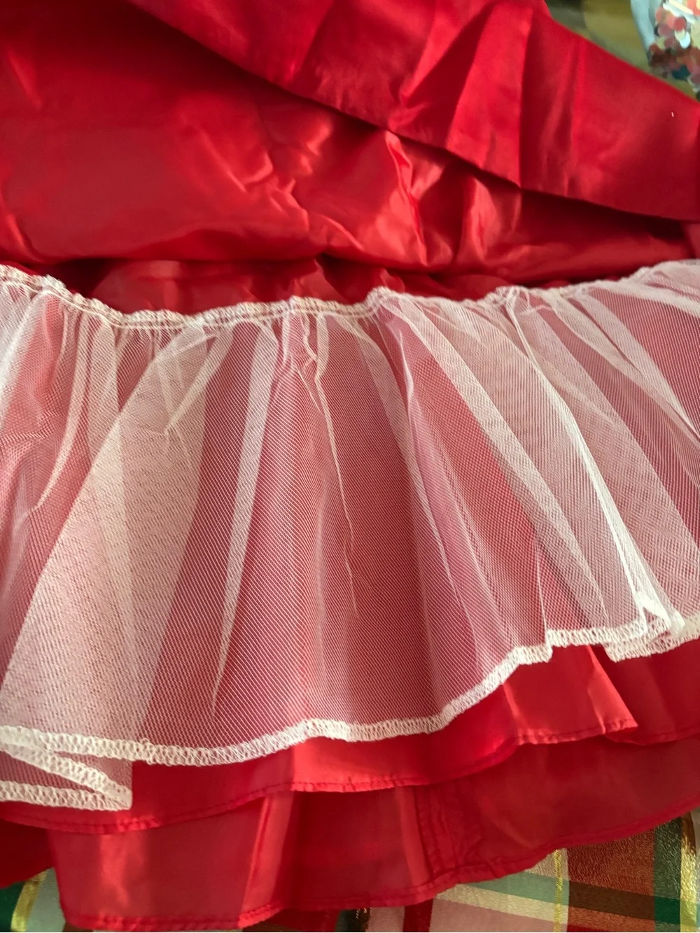 Rare Editions Red Satin Dress with Plaid Bow and Hem